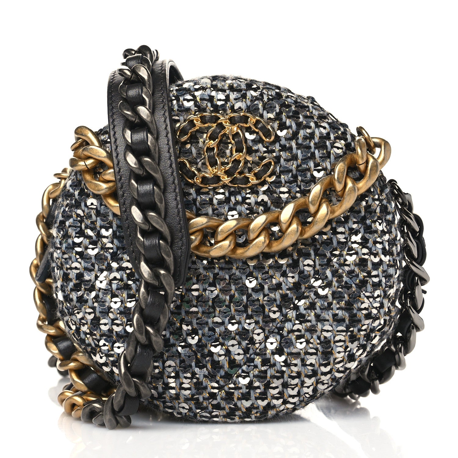 Chanel Sequin Chanel 19 Round Clutch With Chain Silver Black 1 of 9