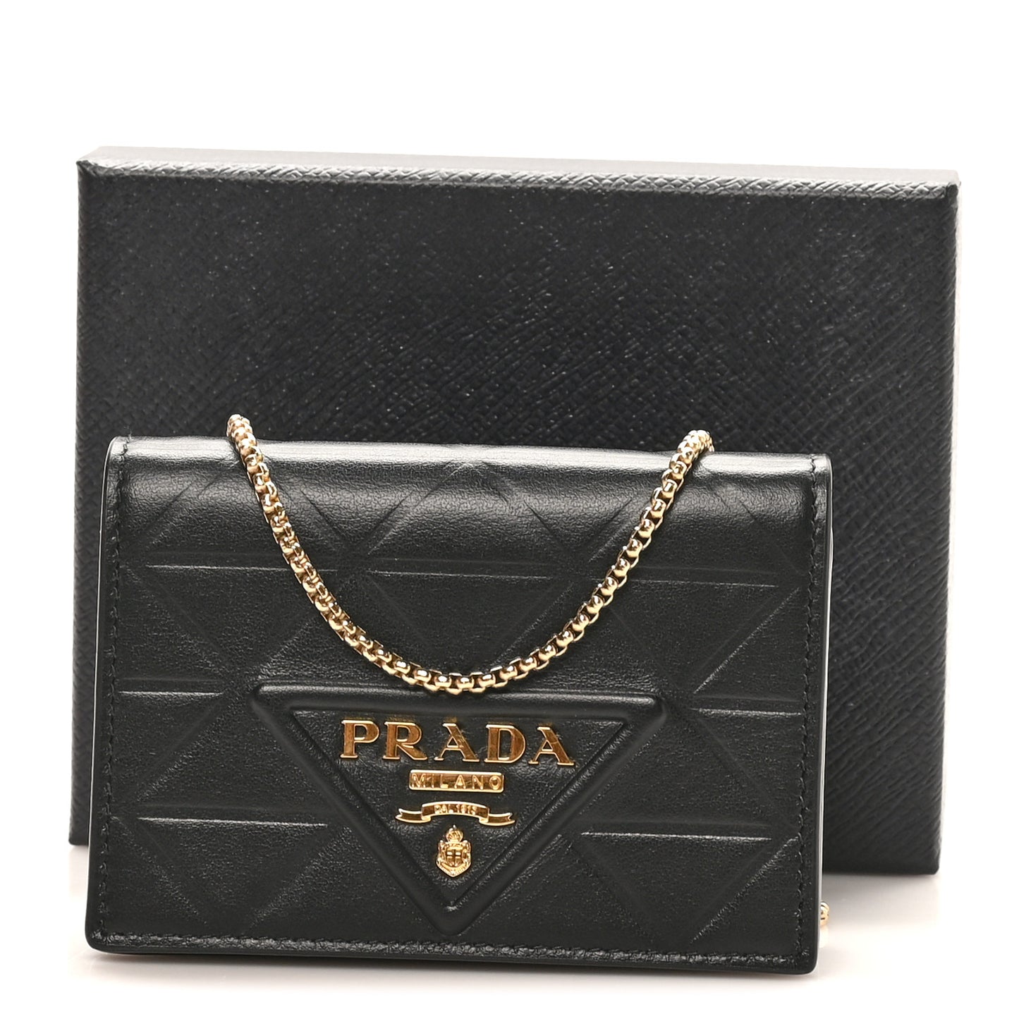 Nappa Quilted Metal Patchwork Triangle Logo Card Holder With Strap Black