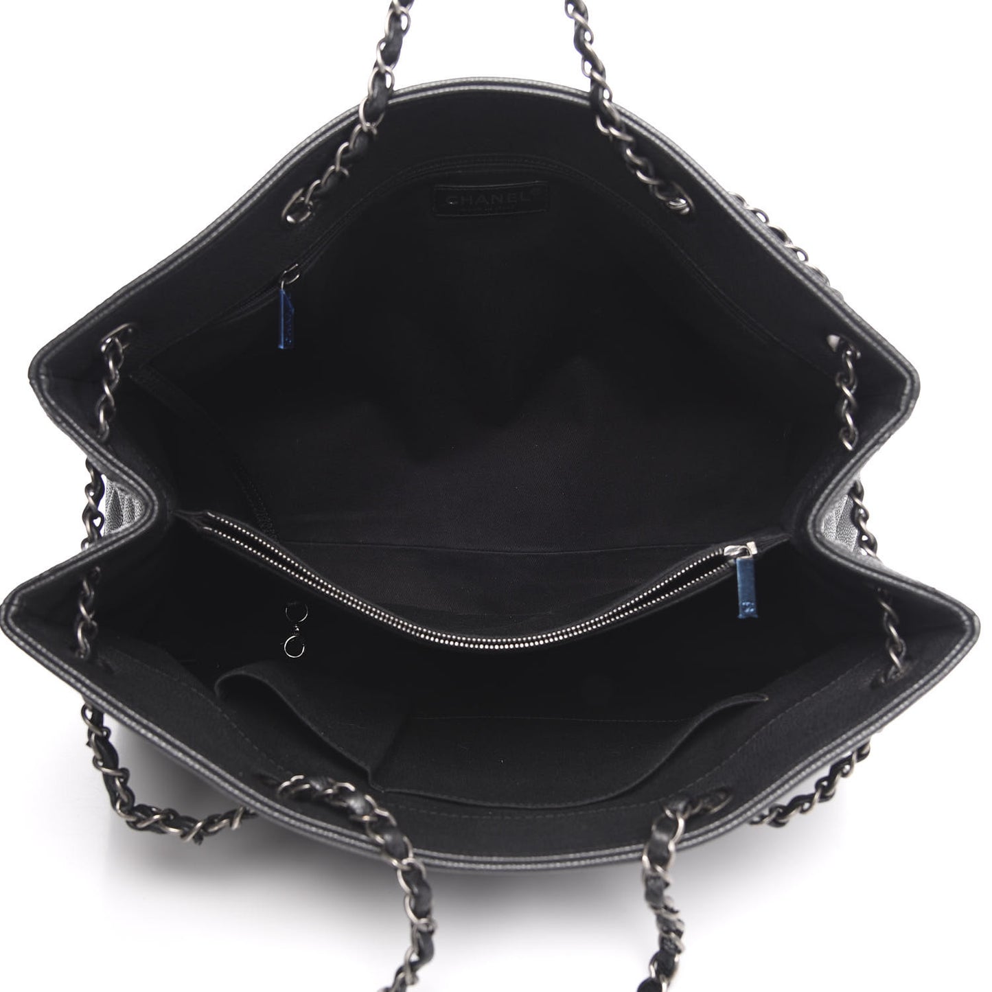 Metallic Grained Calfskin Woven Chain Large Shopping Bag Black