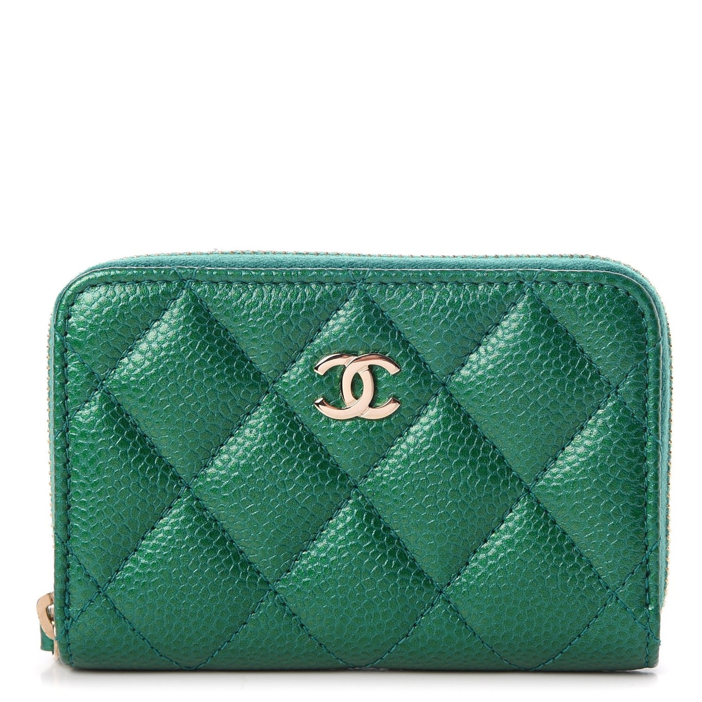 Metallic Caviar Quilted Zip Coin Purse Green