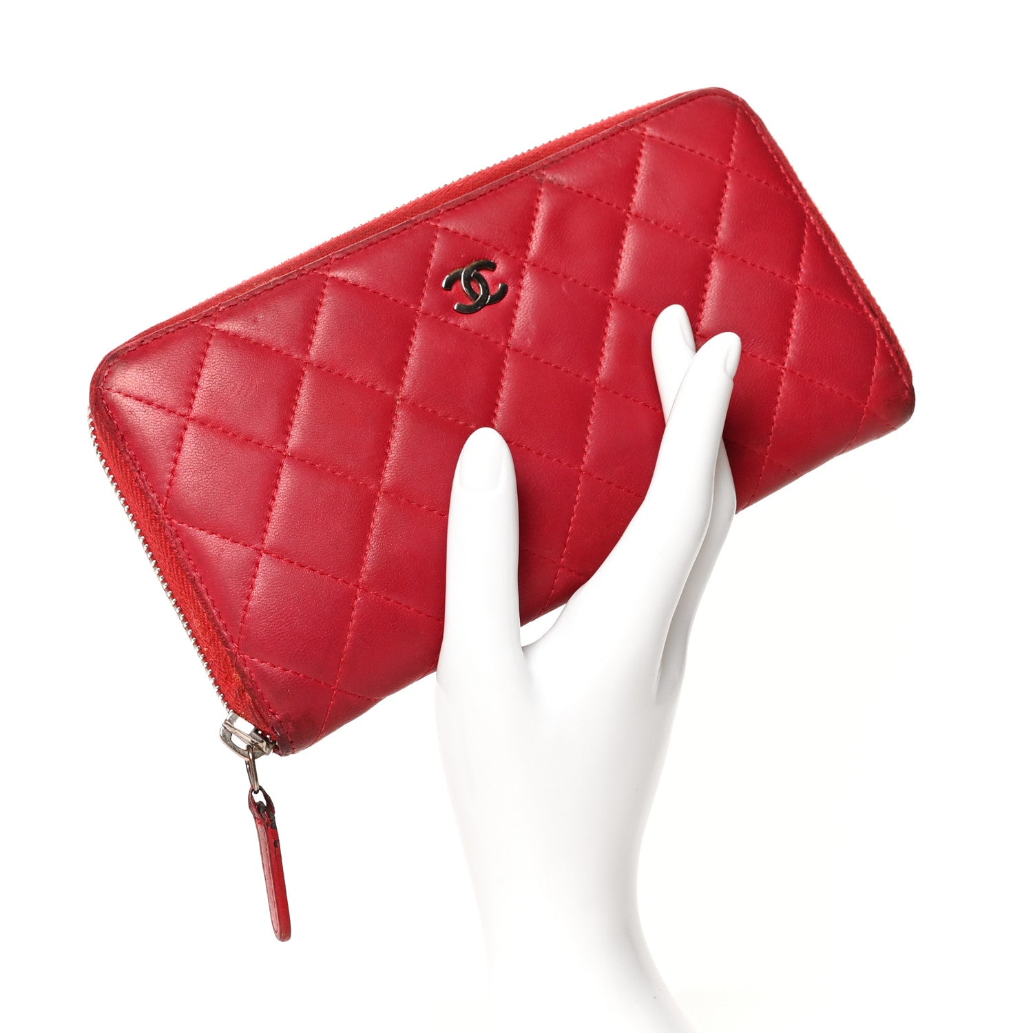 Chanel Lambskin Quilted Large Gusset Zip Around Wallet Red 2 of 19