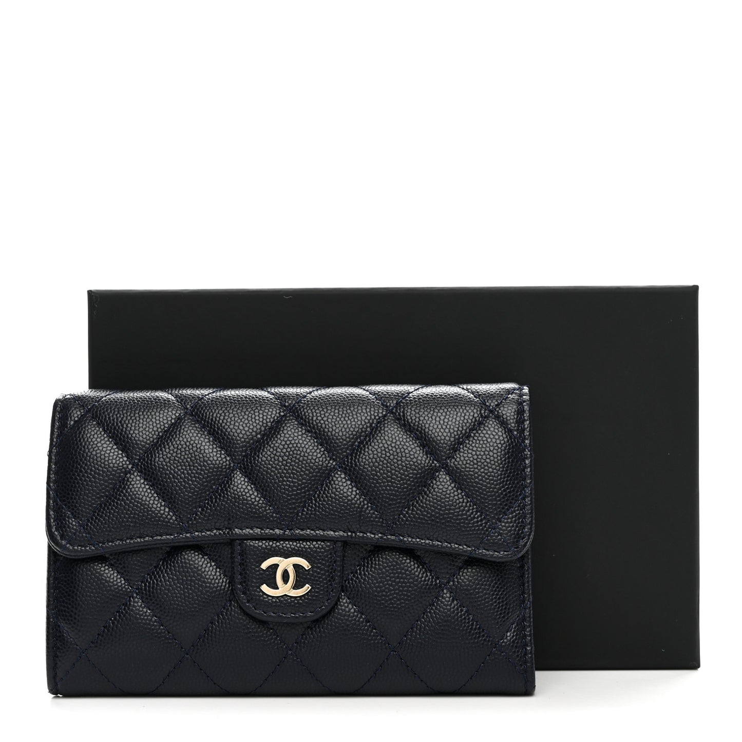 Caviar Quilted Medium Flap Wallet Dark Blue