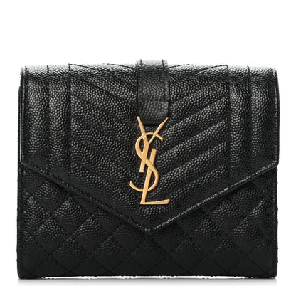 Saint Laurent Grain De Poudre Mixed Matelasse Triquilt Monogram Compact Tri Fold Wallet Black 1 of 7