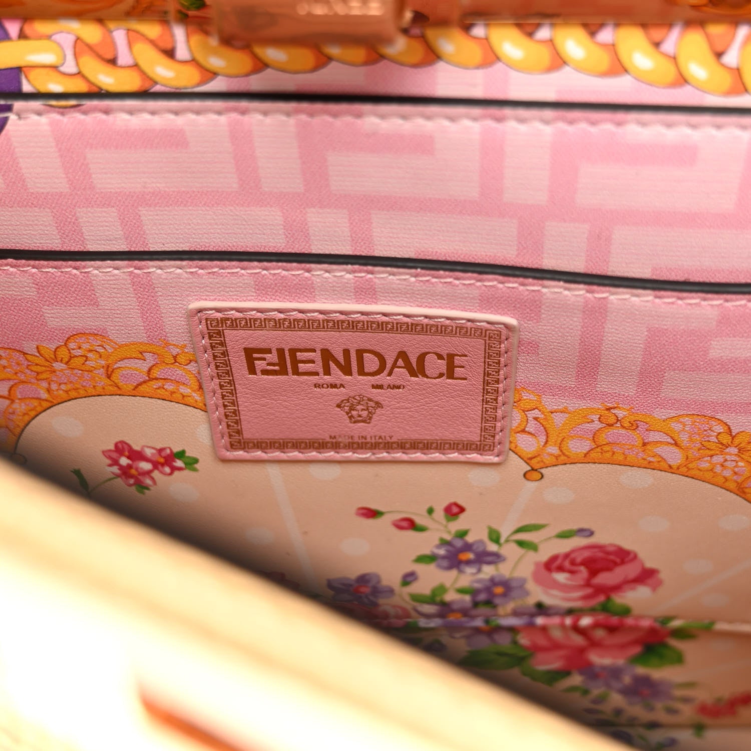 Fendi X VERSACE Vitello Laminato Nappa Perforated Fendace FF Baroque Medium Peekaboo I SEE U Satchel Gold 7 of 8