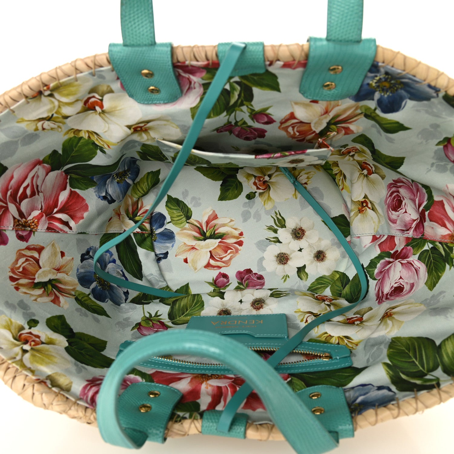 Dolce & Gabbana Woven Raffia Calfskin Lizard Embossed Crystal Embellished Kendra Logo Tote Blue Multicolor 5 of 9