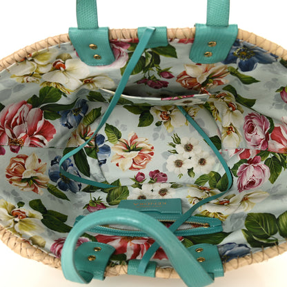Dolce & Gabbana Woven Raffia Calfskin Lizard Embossed Crystal Embellished Kendra Logo Tote Blue Multicolor 5 of 9