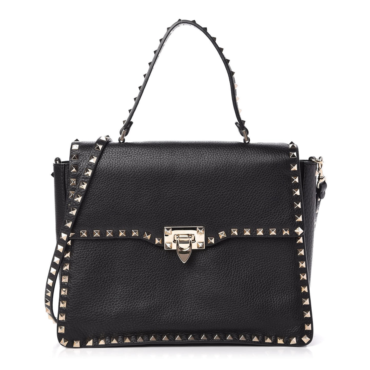 Grained Calfskin Rockstud Top Handle Flap Shoulder Bag Black