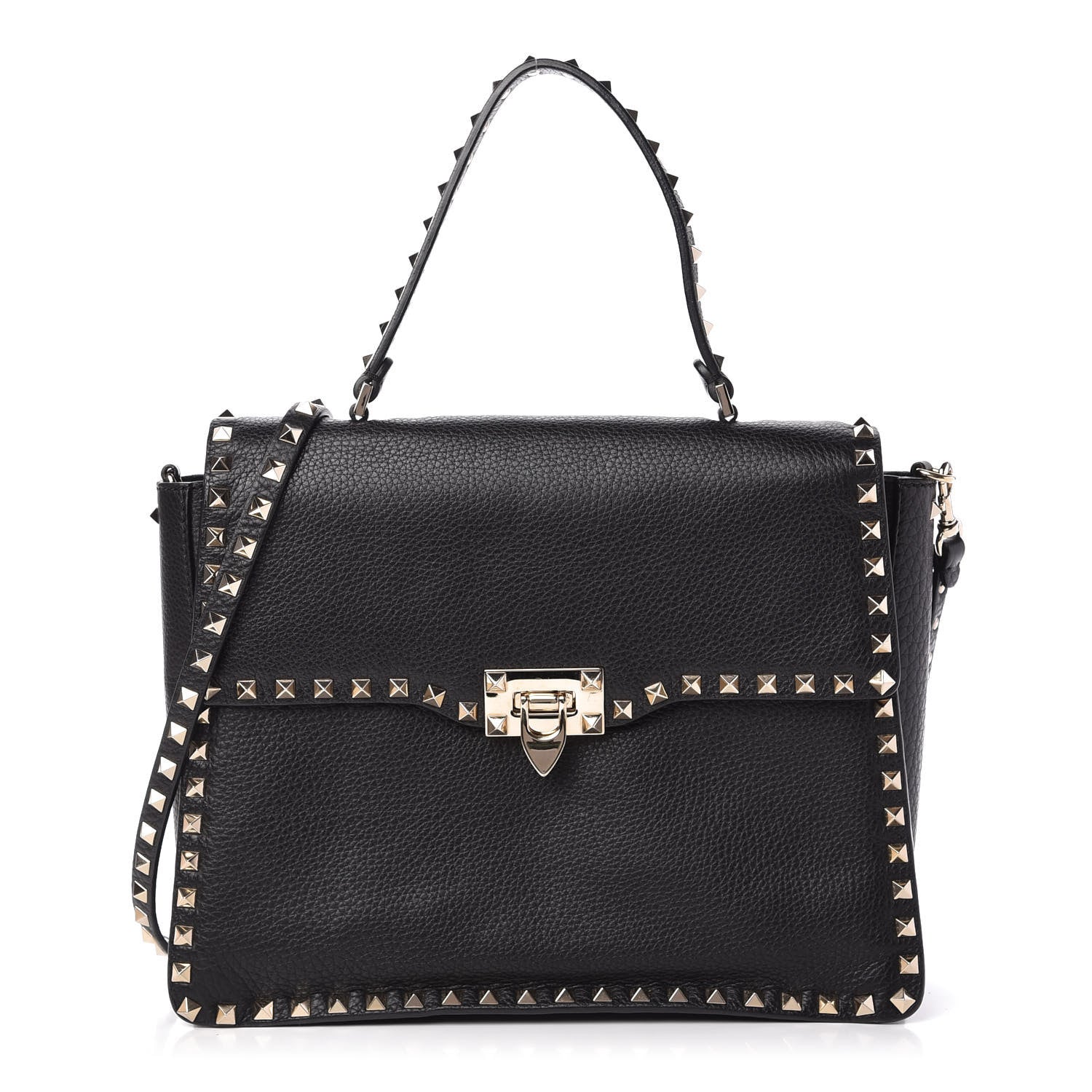 Valentino Garavani Grained Calfskin Rockstud Top Handle Flap Shoulder Bag Black 1 of 9