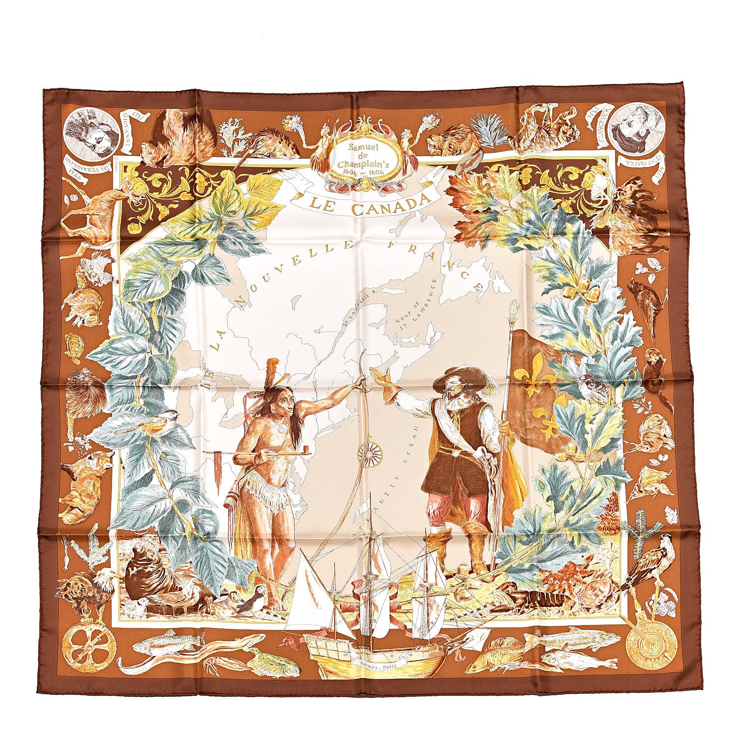 Hermes Silk Canada Scarf 90 Marron Mastic Multicolore 1 of 4
