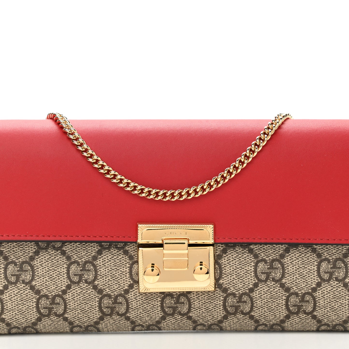 GG Supreme Monogram Moon Calfskin Padlock Continental Chain Wallet Beige Ebony Hibiscus Red New Rosette