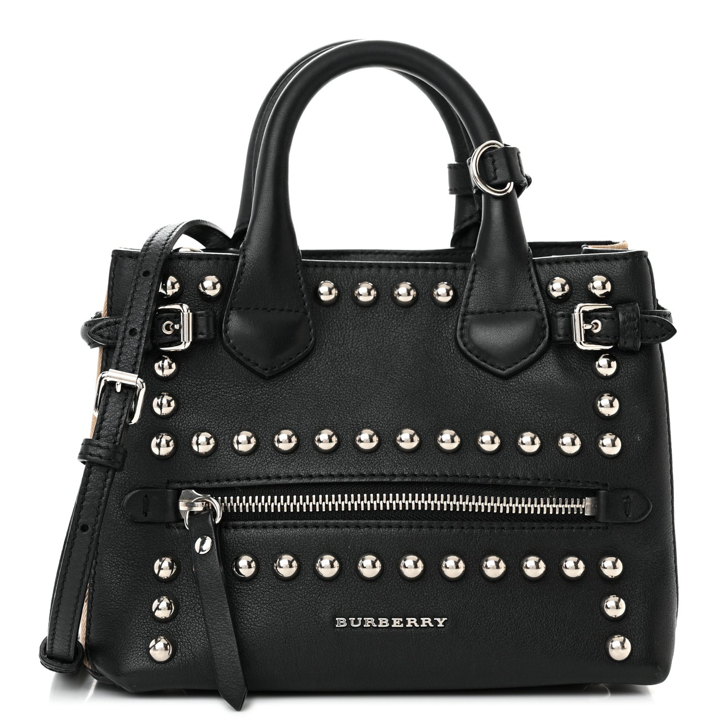 Pebbled Calfskin House Check Studded Baby Banner Tote Black