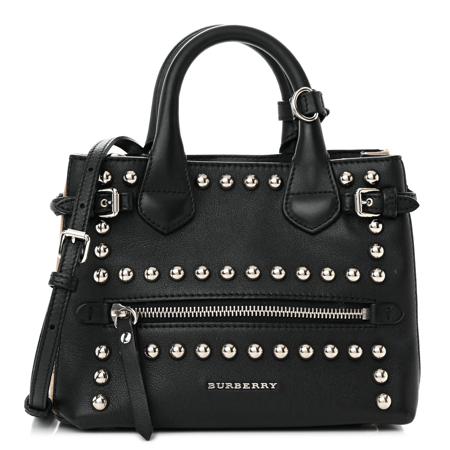 Burberry Pebbled Calfskin House Check Studded Baby Banner Tote Black 1 of 15