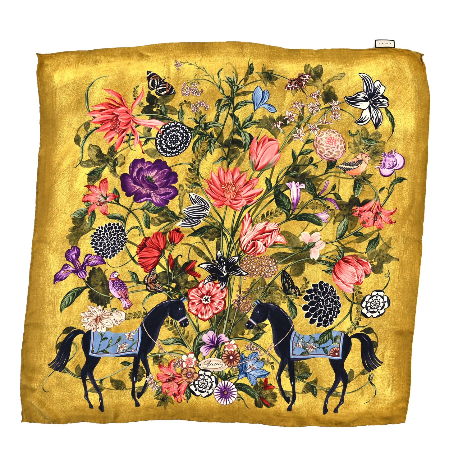Silk Floral Horse Print Square Scarf Yellow Multicolor