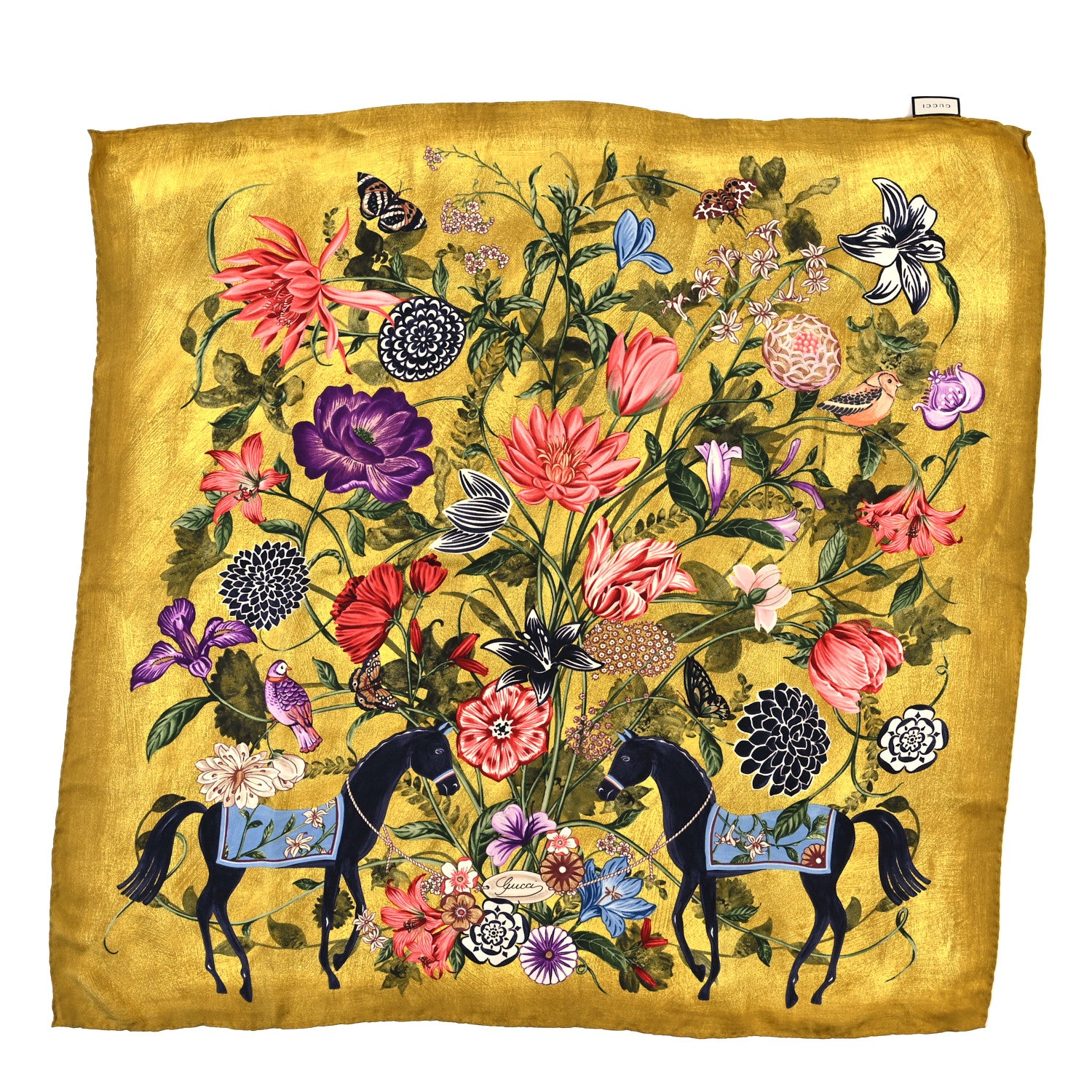 Gucci Silk Floral Horse Print Square Scarf Yellow Multicolor 1 of 3