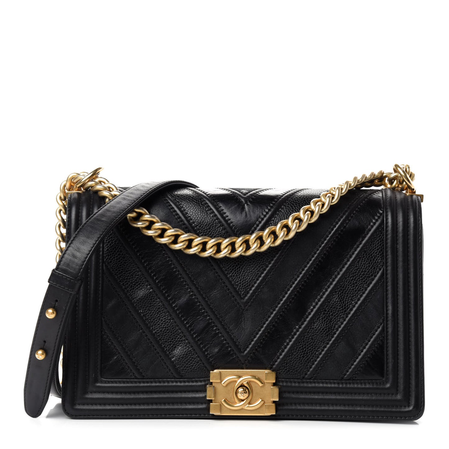 Calfskin Caviar Suede Chevron New Medium Boy Flap Black