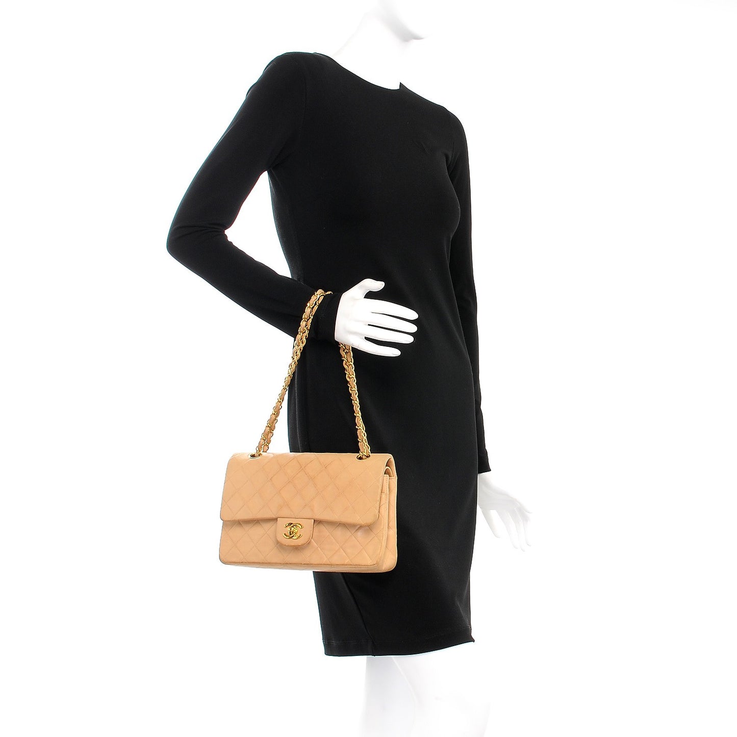 Lambskin Quilted Medium Double Flap Beige