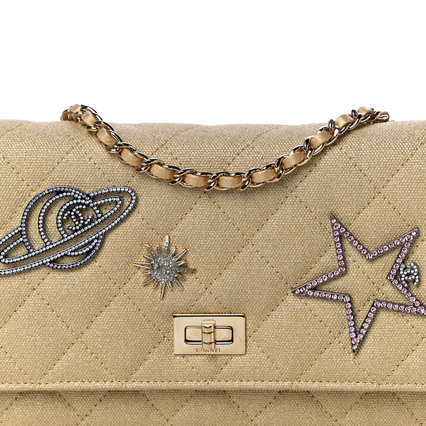 Metallic Canvas Quilted Space Charms Wallet On Chain WOC Gold