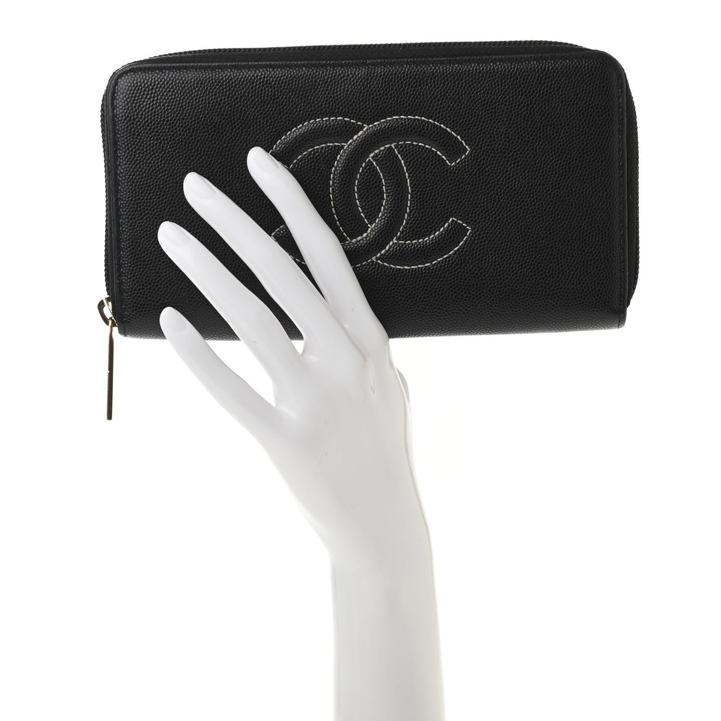 Caviar Timeless CC Large Stitched Gusset Zip Around Wallet Black
