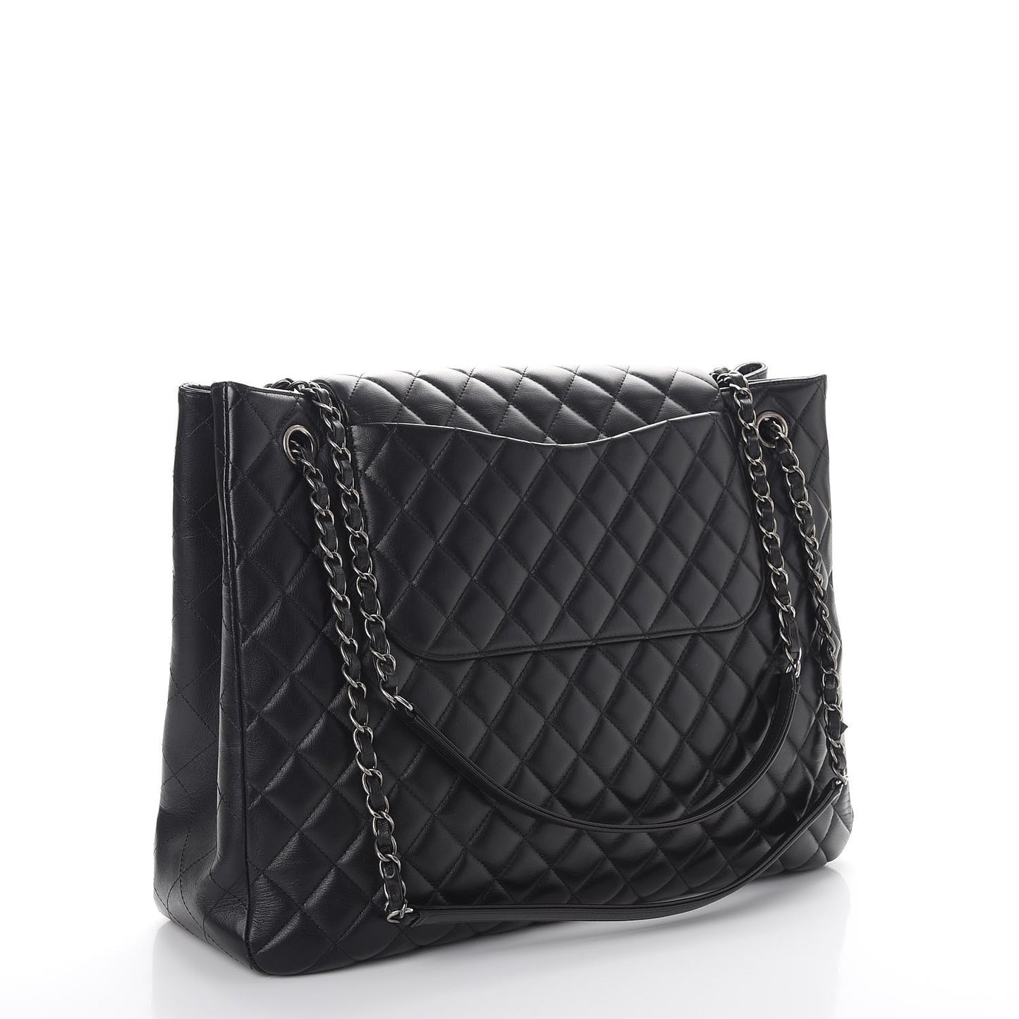 Calfskin Quilted Large Flap Shopping Tote Black