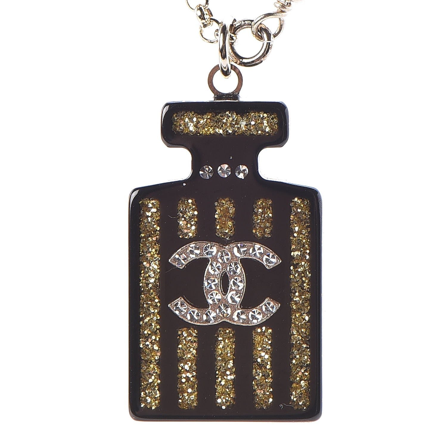 Chanel Resin Strass Perfume Bottle CC Necklace Black Gold 4 of 7