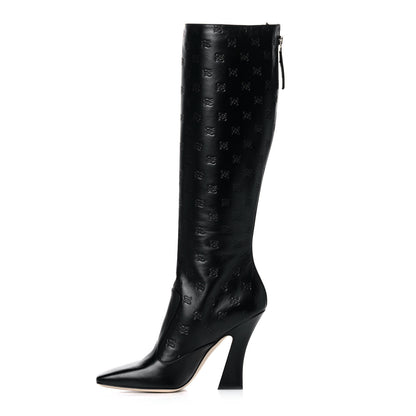 Fendi Vitello Karligraphy Embossed FFreedom Knee High Boots 39.5 Black 1 of 10