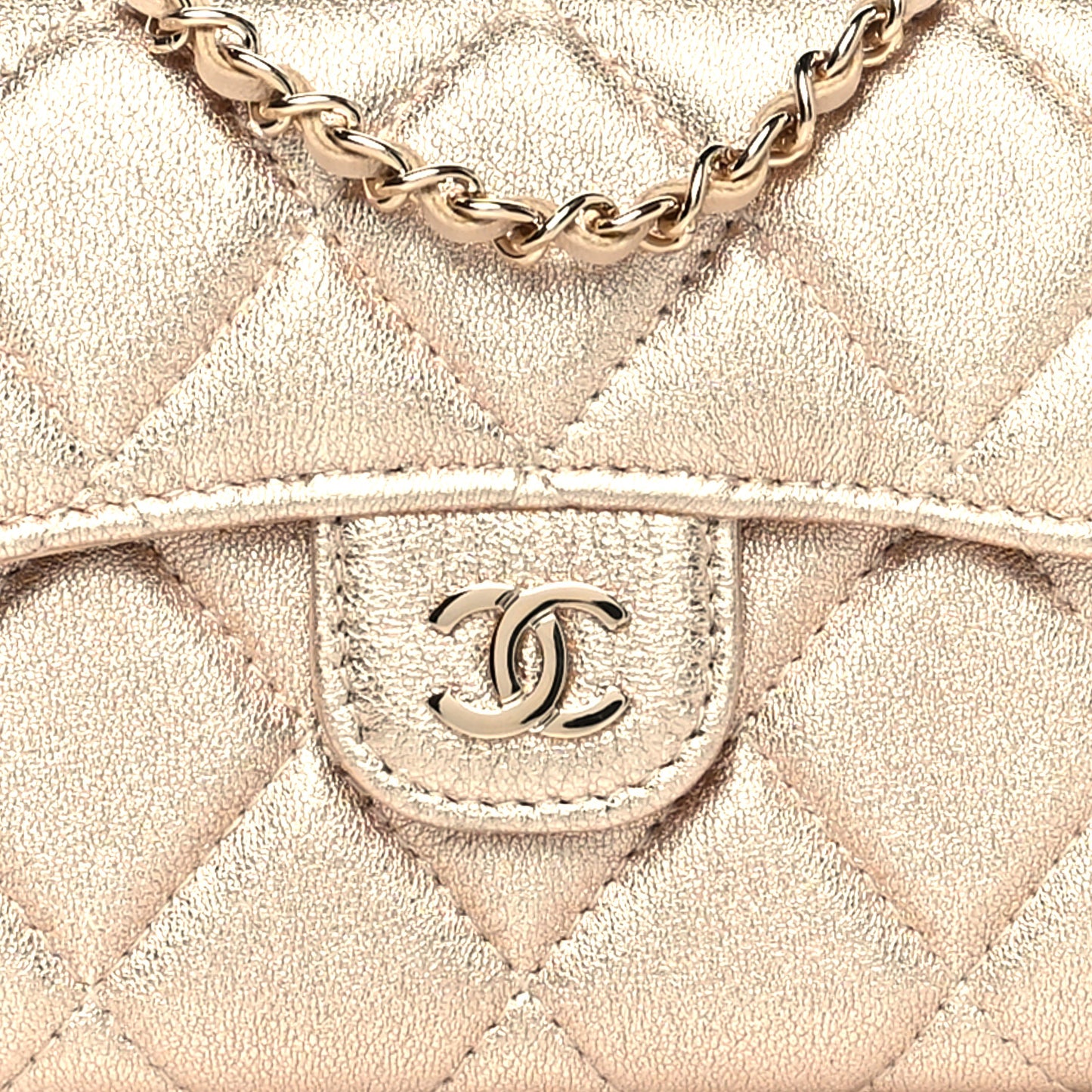 Metallic Lambskin Quilted Flap Card Holder On Chain Gold