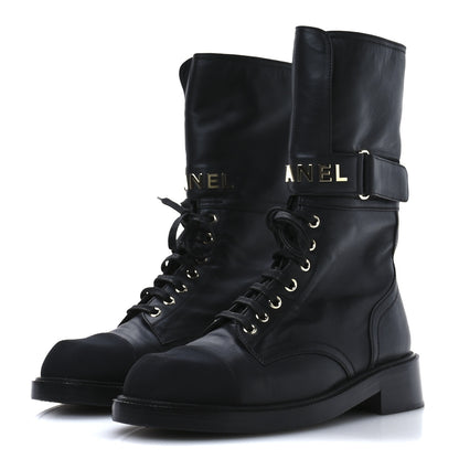 Chanel Shiny Calfskin Lace Up Combat Boots 40 Black 4 of 8