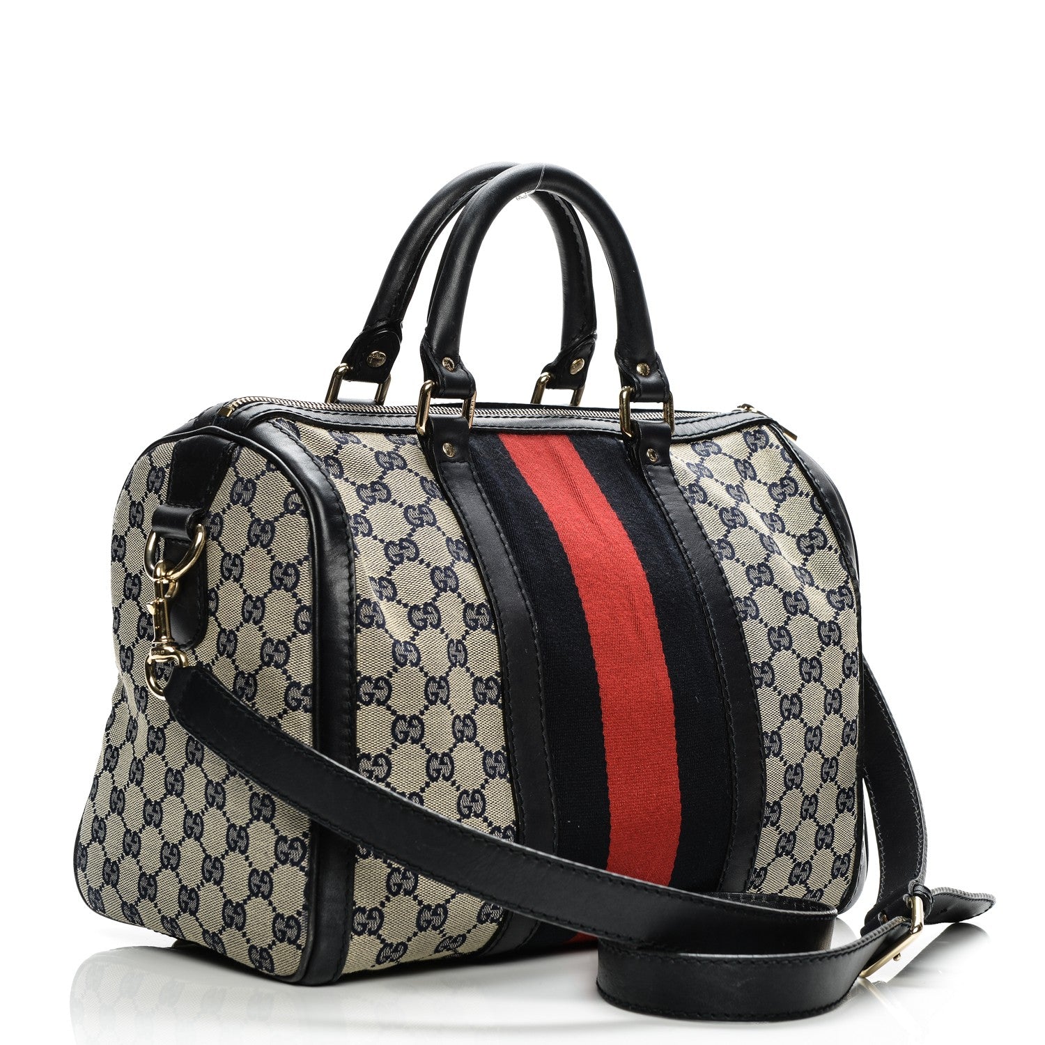 Gucci Monogram Selleria Calfskin Vintage Web Medium Boston Beige Blue 3 of 12