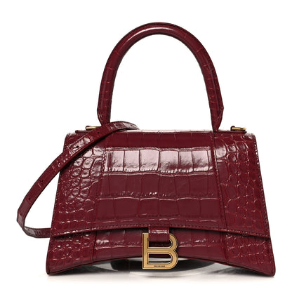 Balenciaga Shiny Calfskin Crocodile Embossed Small Hourglass Top Handle Bag Dark Red 1 of 10