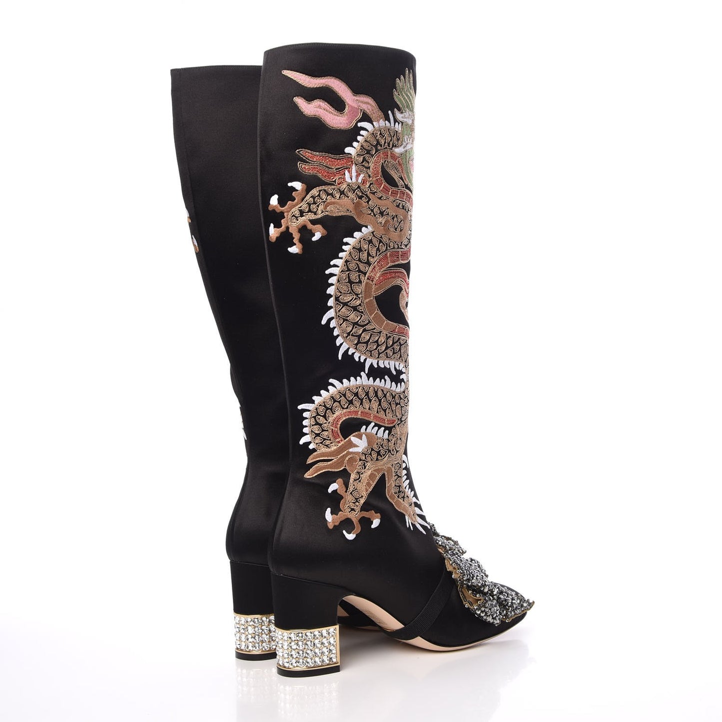 Silk Satin Malaga Kid Embroidered Candy Dragon Block-Heel Knee Boot 39 Black