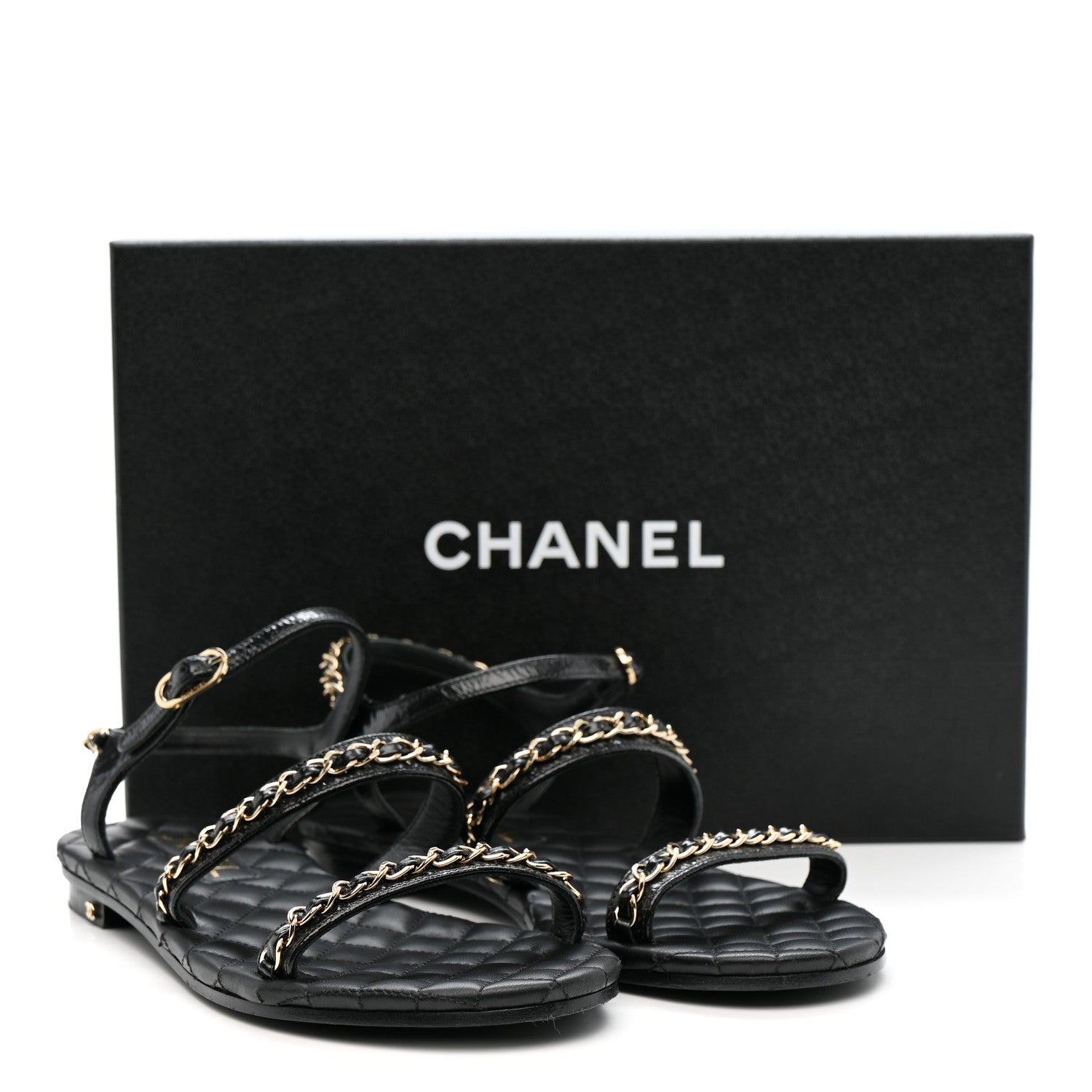 Chanel Crumpled Calfskin Chain Sandals 38 Black 12 of 12