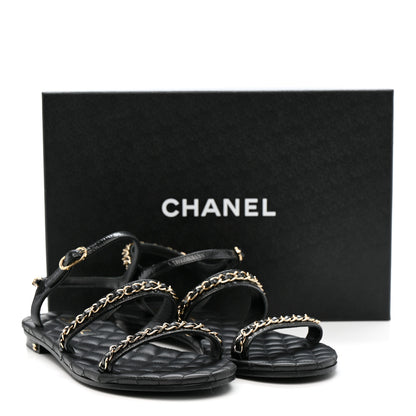 Chanel Crumpled Calfskin Chain Sandals 38 Black 12 of 12