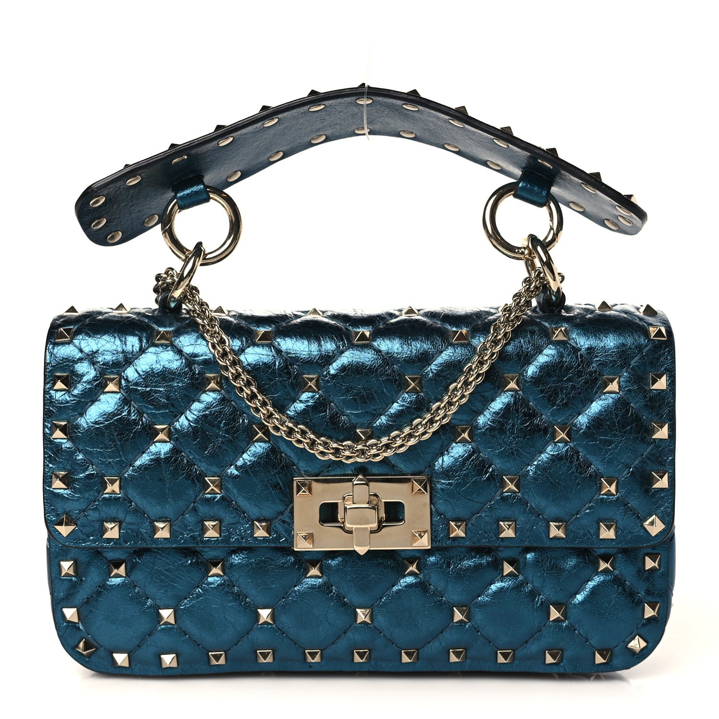 Metallic Wrinkled Lambskin Small Rockstud Spike Shoulder Bag Peacock