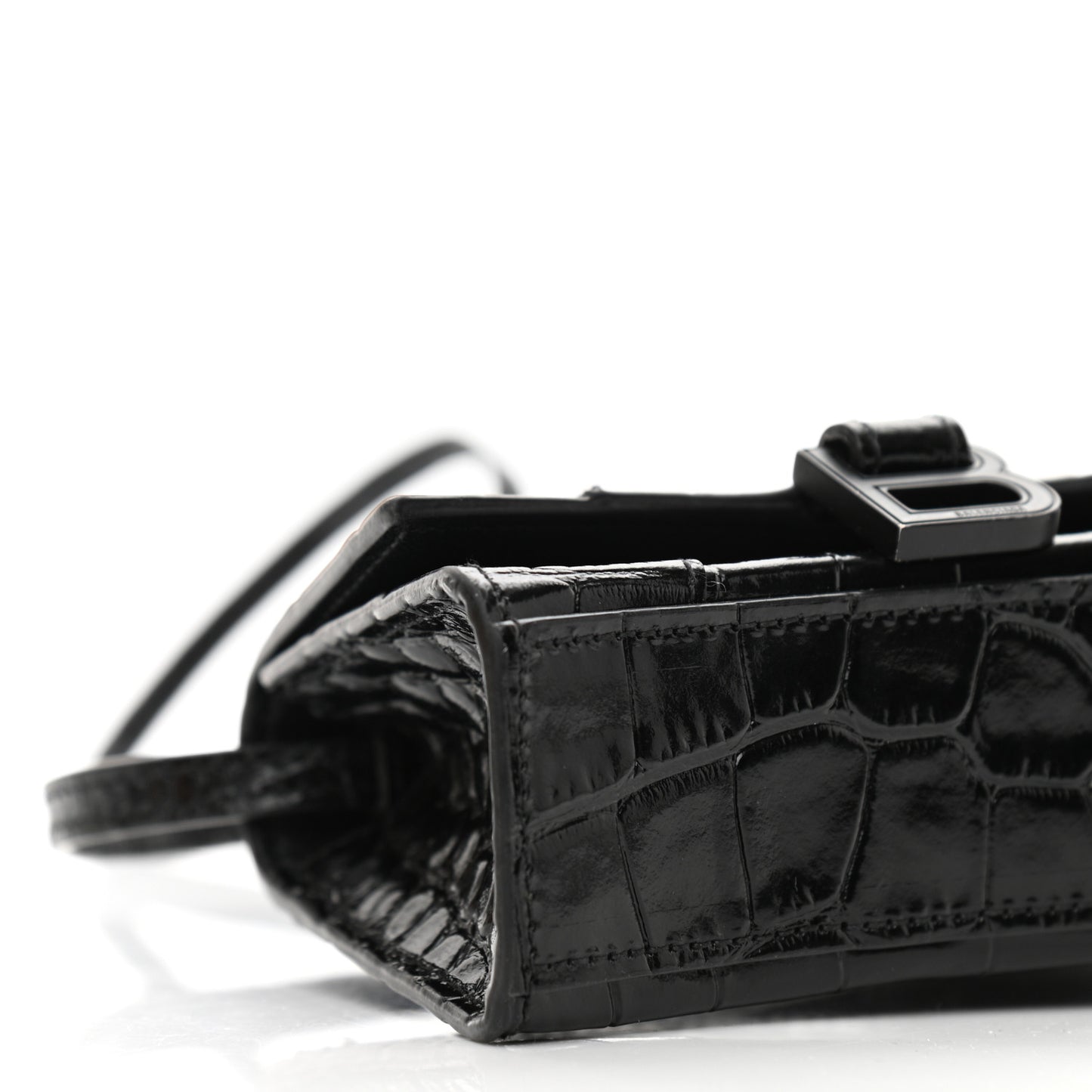 Shiny Calfskin Monochrome Crocodile Embossed Hourglass Top Handle Bag Mini Black