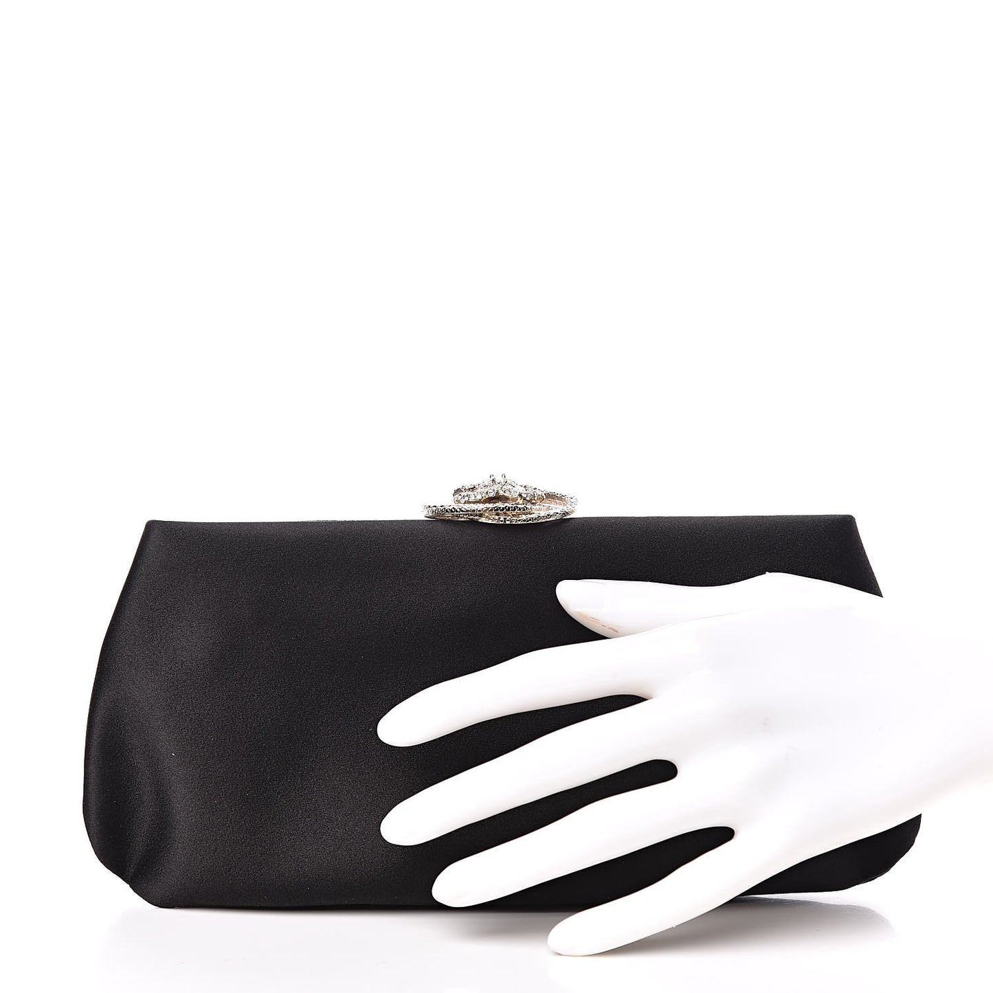Satin Crystal Camellia Evening Frame Clutch Black