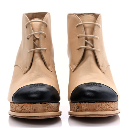 Chanel Lambskin Cork Cap Toe CC Lacets Booties 37.5 Beige Black 2 of 10