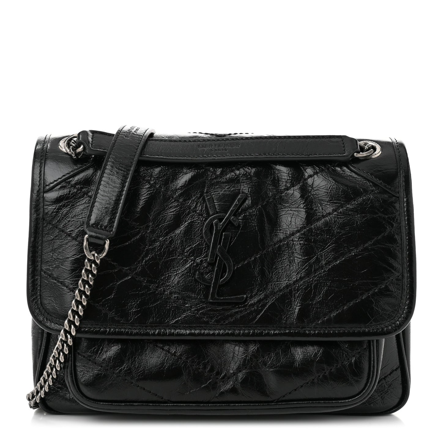 Crinkled Calfskin Matelasse Monogram Baby Niki Chain Satchel Black