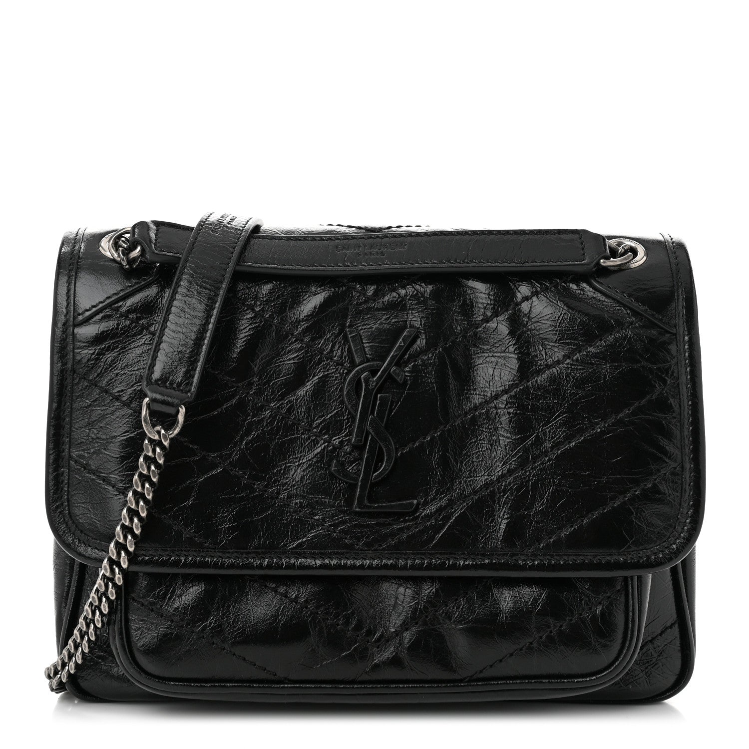 Saint Laurent Crinkled Calfskin Matelasse Monogram Baby Niki Chain Satchel Black 1 of 10