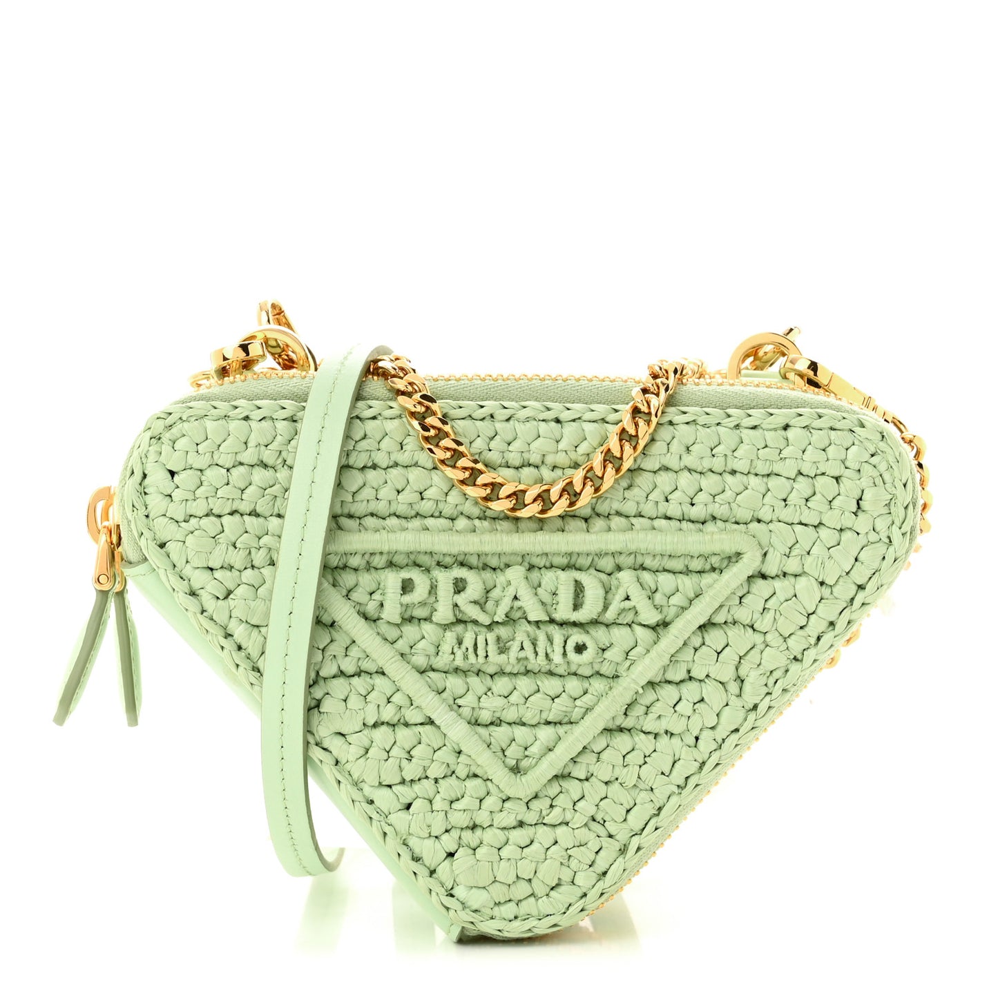 Raffia Calfskin Crochet Logo Embroidered Mini Triangle Crossbody Pouch Acqua