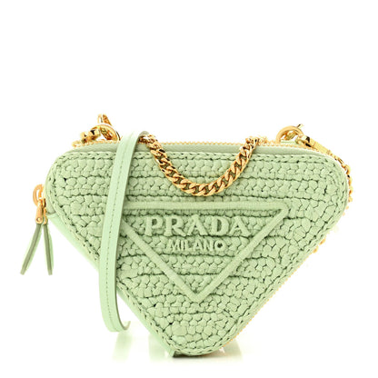 Prada Raffia Calfskin Crochet Logo Embroidered Mini Triangle Crossbody Pouch Acqua 1 of 12