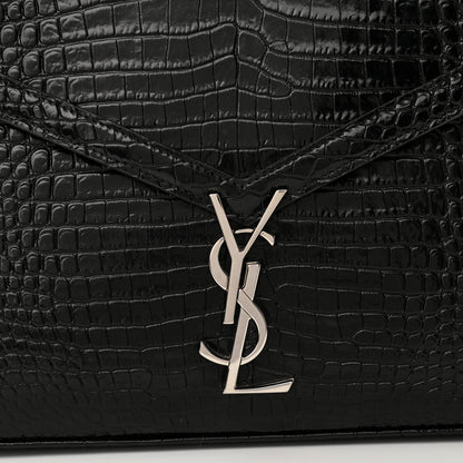 Saint Laurent Calfskin Crocodile Embossed Medium Classic Monogram Cassandra Top Handle Black Rouge Legion 7 of 12