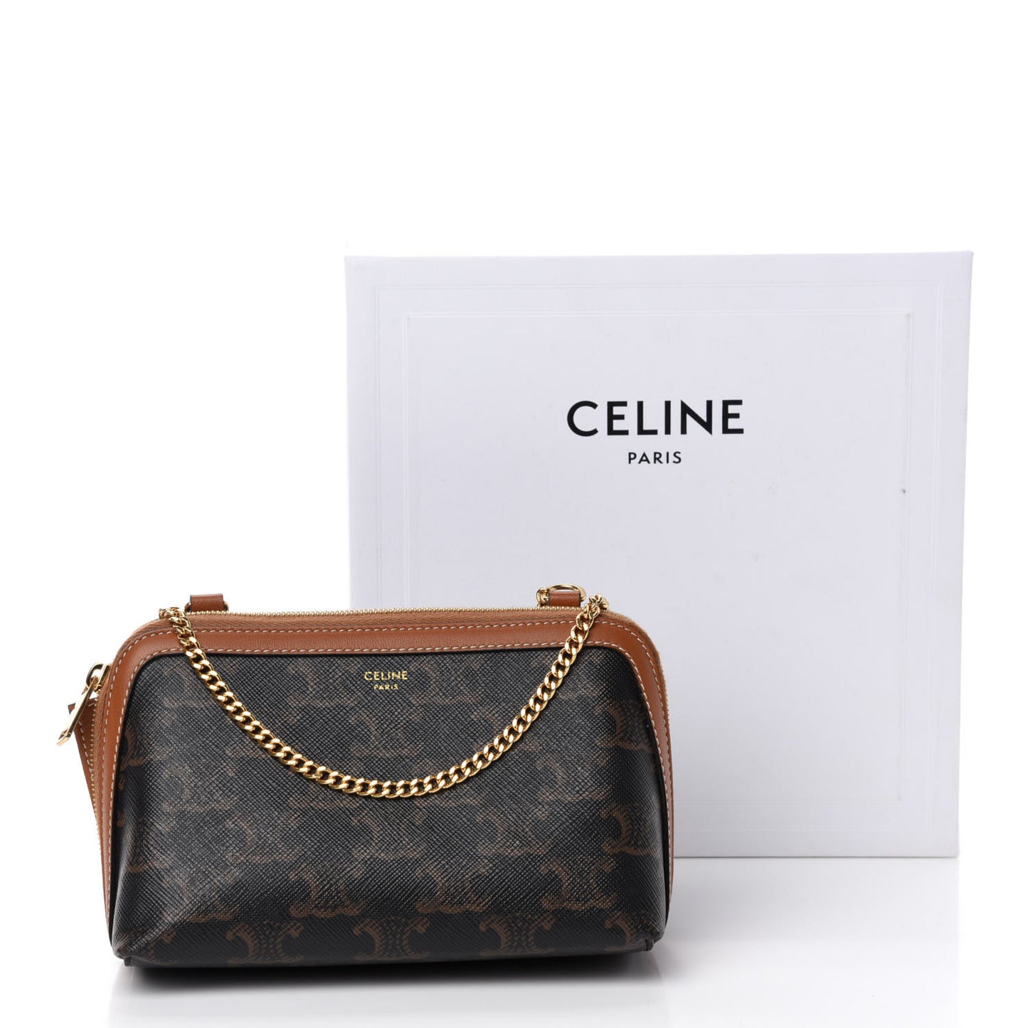 Triomphe Canvas Calfskin Mini Clutch on Chain Tan