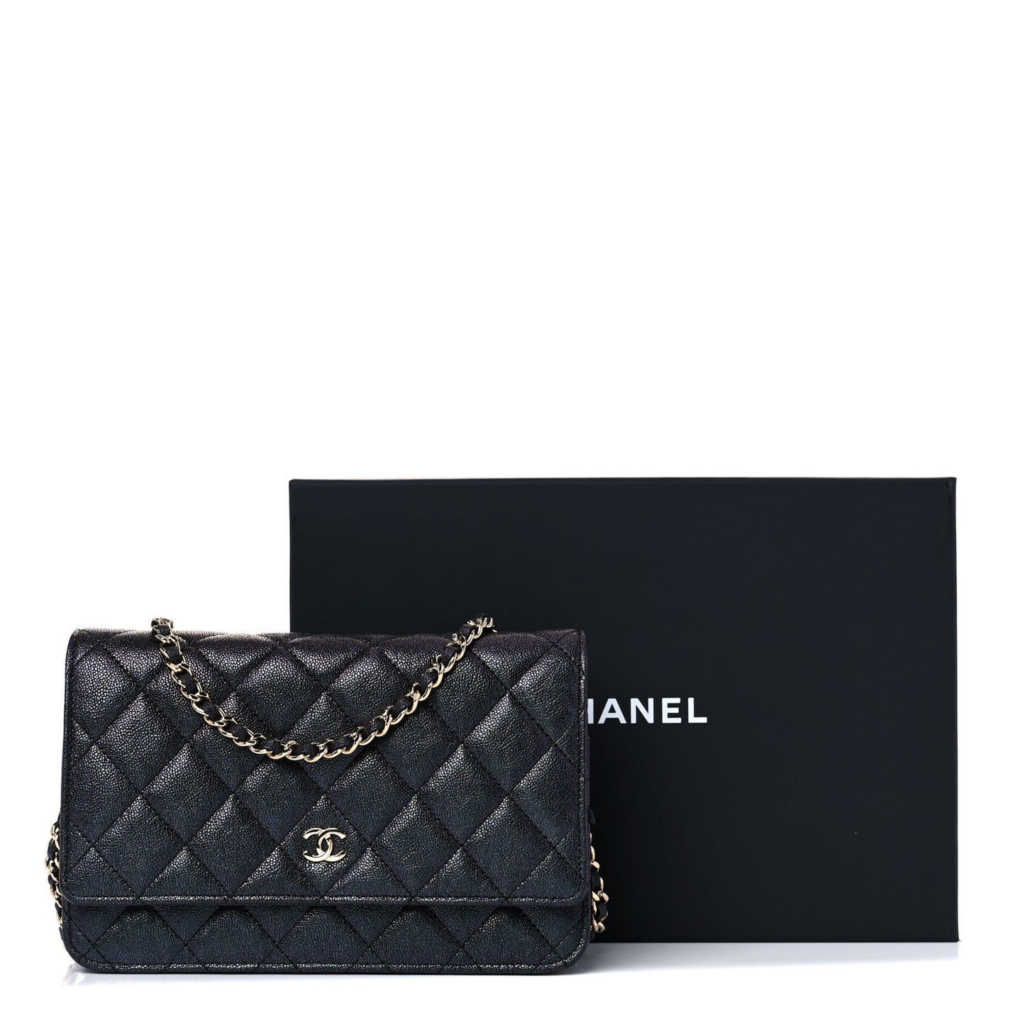 Iridescent Caviar Quilted Wallet On Chain WOC Black