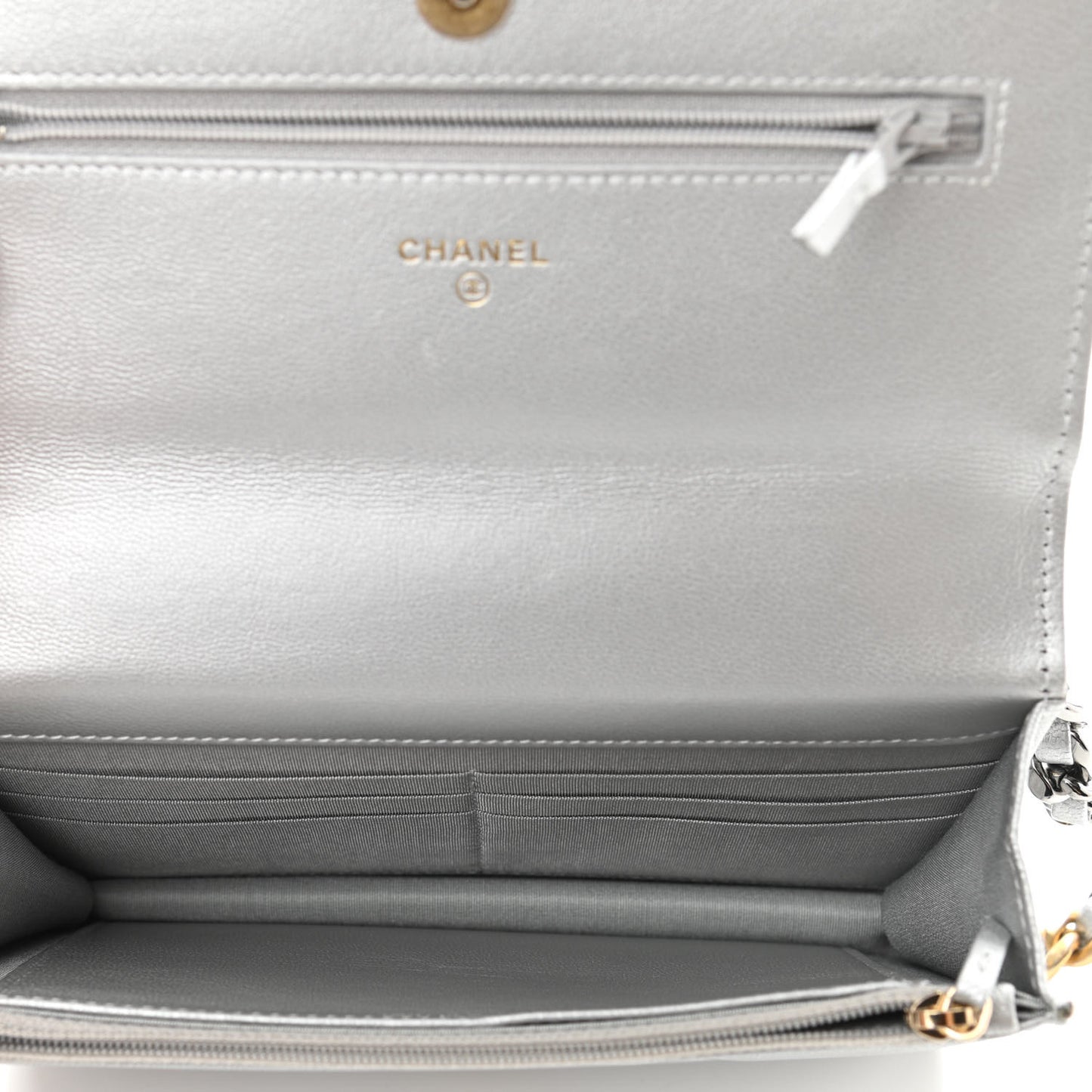 Metallic Lambskin Quilted Chanel 19 Wallet On Chain WOC Silver