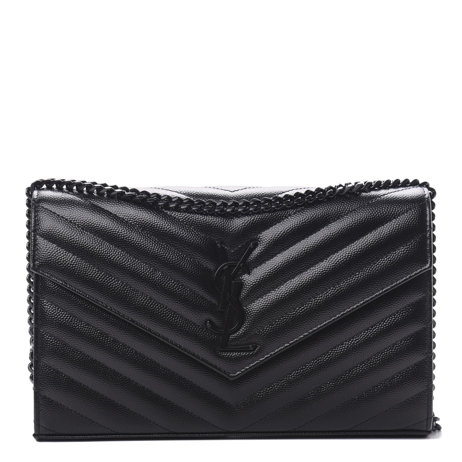 Saint Laurent Grain De Poudre Matelasse Chevron Monogram Chain Wallet Black 1 of 11