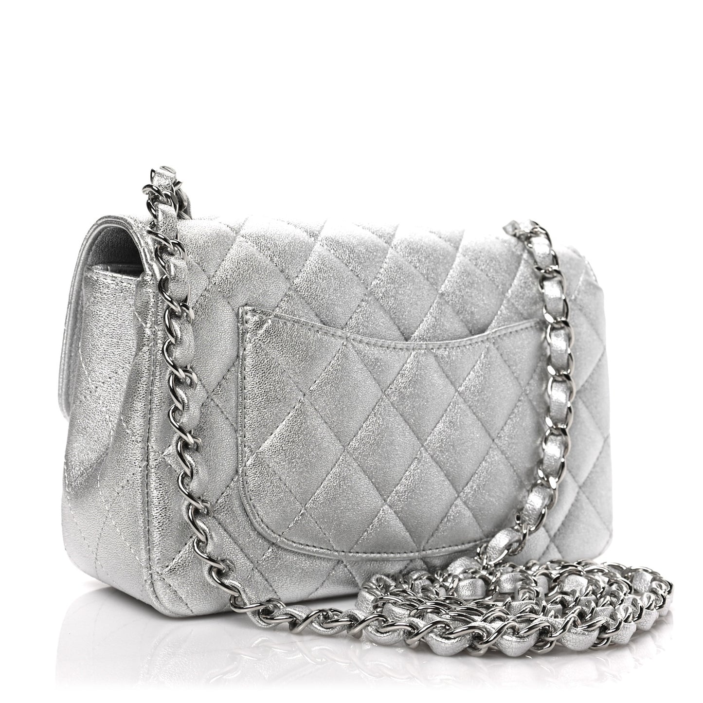 Metallic Lambskin Quilted Mini Rectangular Flap Silver