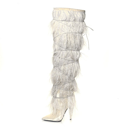 Saint Laurent Veluto Master Ostrich Yeti 110 Over The Knee Boots 38 Blanc Optique 1 of 8