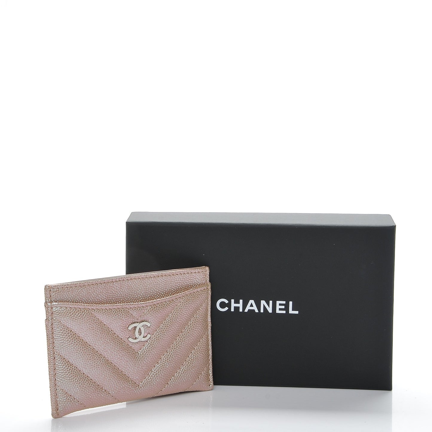 Metallic Caviar Chevron Quilted Card Holder Light Gold
