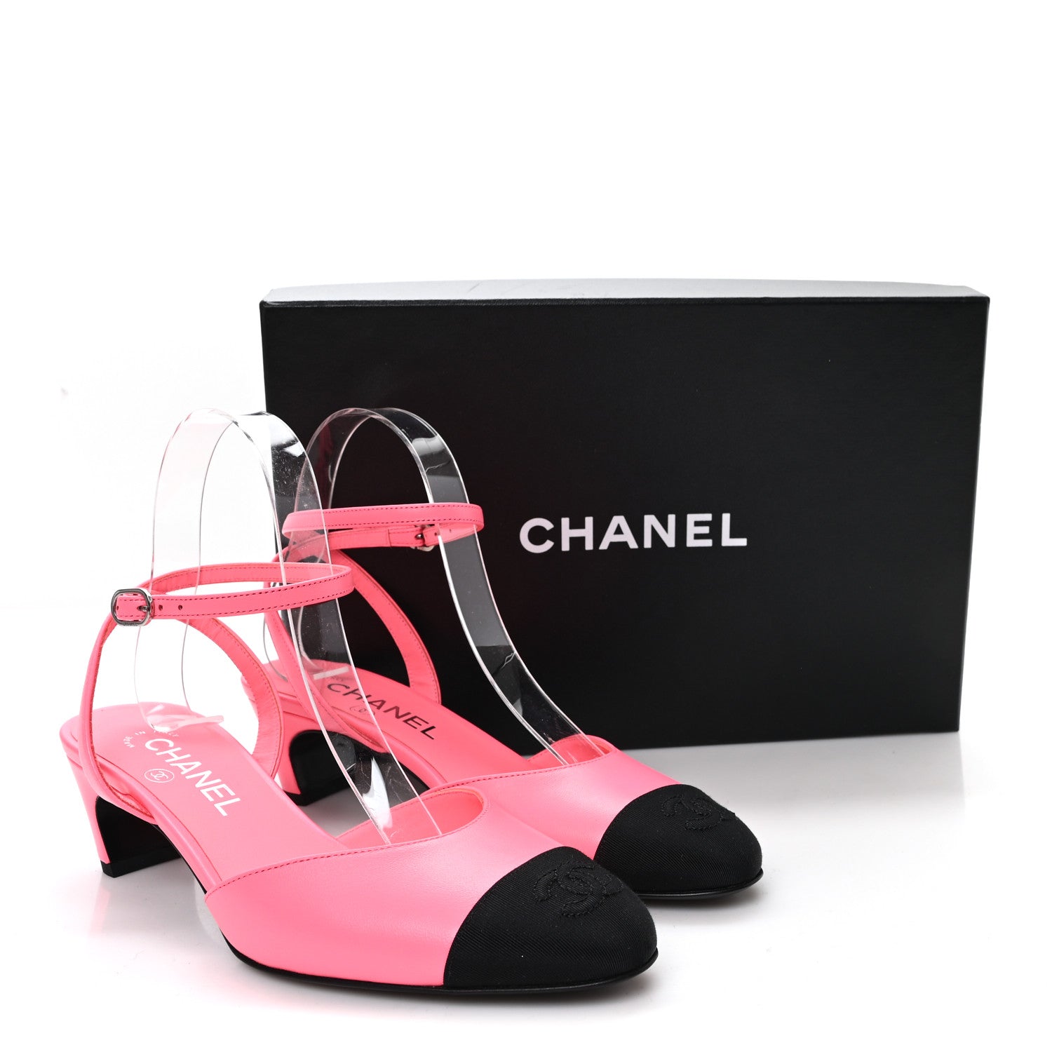 Chanel Lambskin Grosgrain Cap Toe CC Slingback Pumps 37 Coral