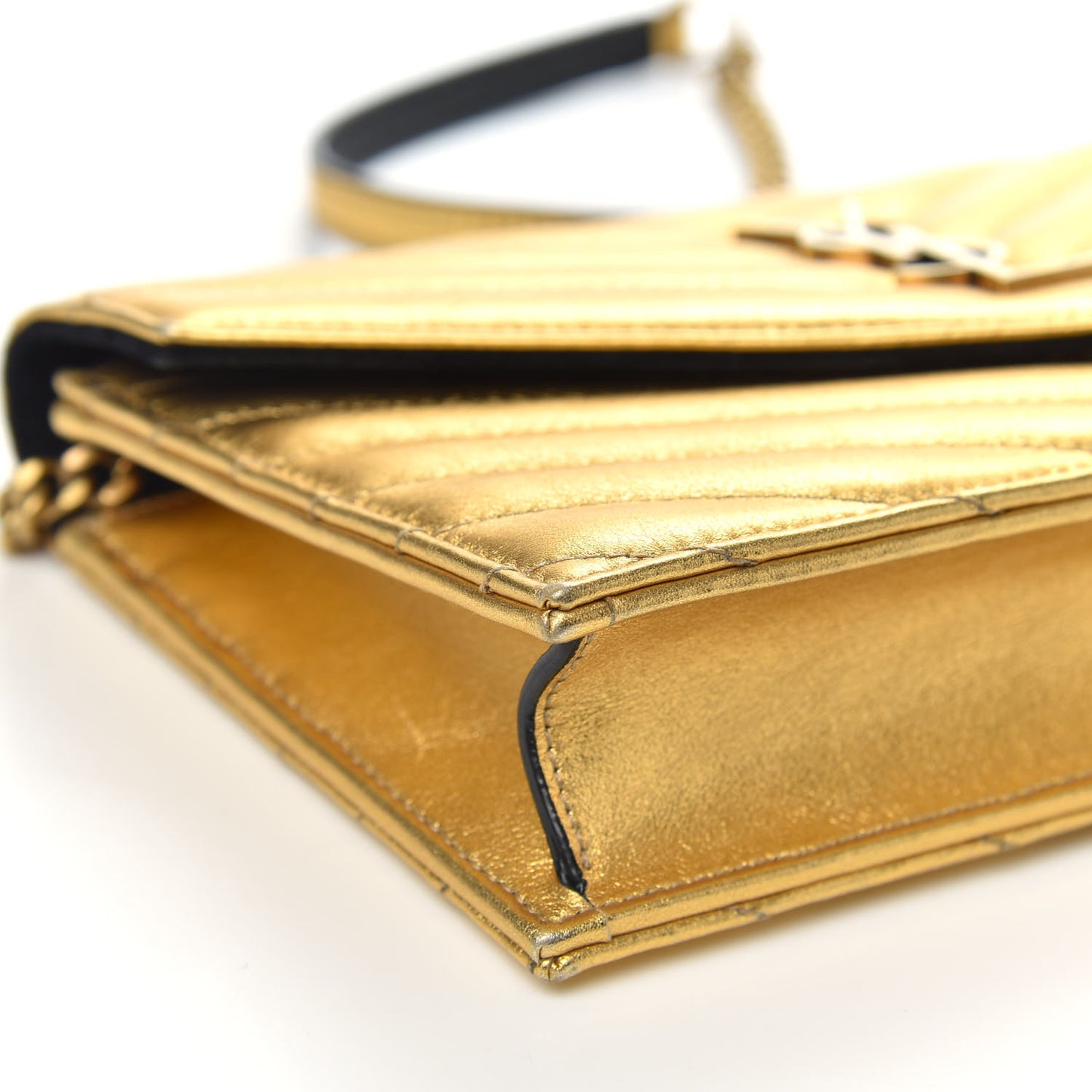 Metallic Calfskin Matelasse Chevron Monogram Envelope Chain Wallet Gold